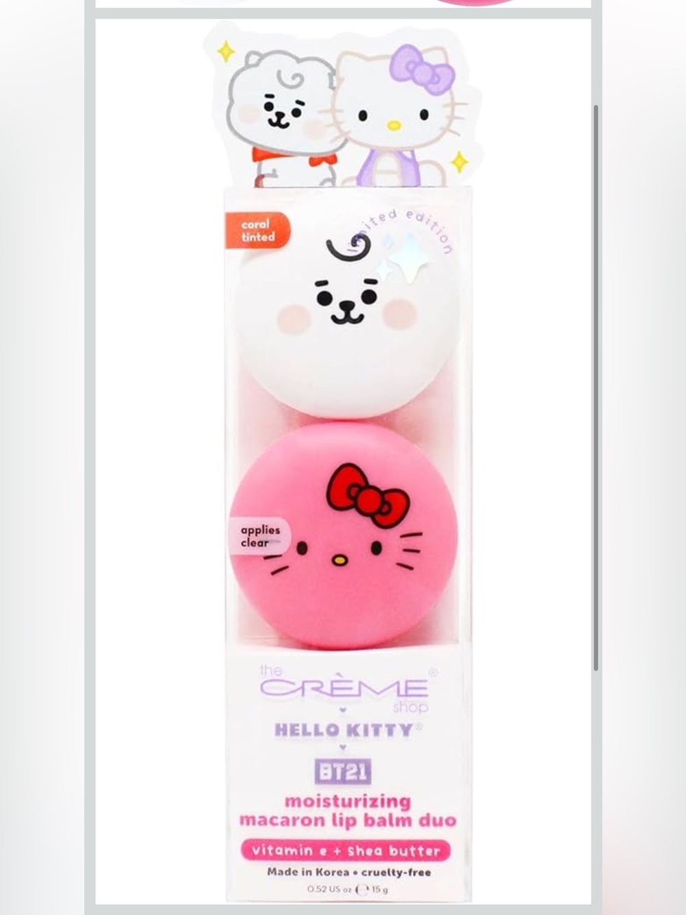 The Crème Shop x Hello Kitty x BT21 Moisturizing Macaron Lip Balm Duo 🍓